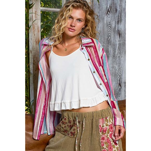 POL Striped Pattern Long Sleeves Chest Pocket Button Down Oversized Shirt | Pink - Picture 8 of 8